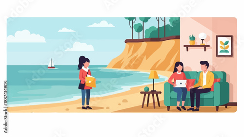 People relax by sea while others work indoors, near cliffs