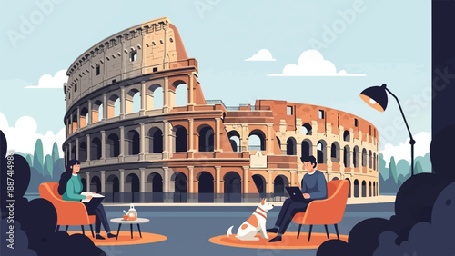 People relax by the Colosseum with a dog and laptop
