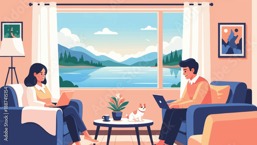 People working on laptops in a living room with a scenic view