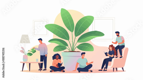 People relax indoors around houseplants, reading and watering plants