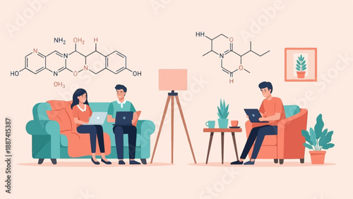 People working on laptops in a minimalist home with molecular structures