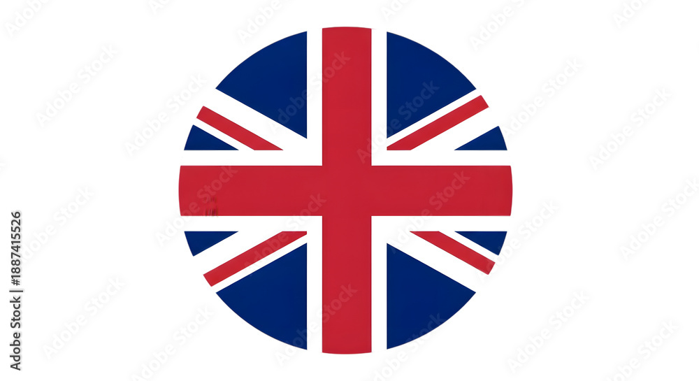 Obraz premium A circular emblem featuring the iconic red, white, and blue Union Jack flag of the United Kingdom, symbolizing British heritage and identity. remove background png,