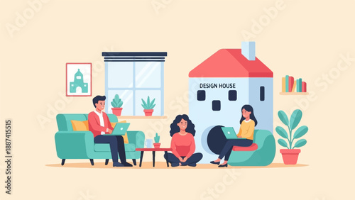 People working on laptops in a modern, minimalist design studio interior