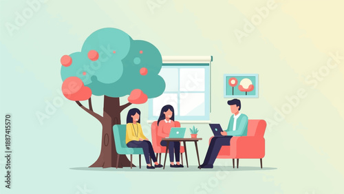 People in an indoor setting gather around a table with a tree and window