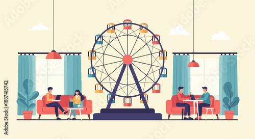 People relax indoors with a Ferris wheel backdrop and minimalist decor
