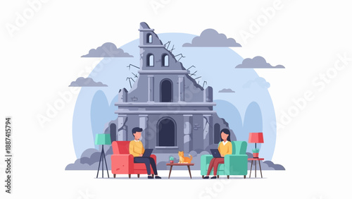 People in comfy chairs with laptops and a cat, near ruined building