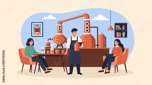 People in tasting room with distillation equipment