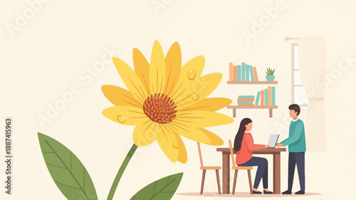 People working at a desk with a large flower and bookshelves