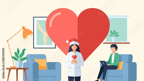 People inside a living room with a large heart, one holding a heart, one with a laptop