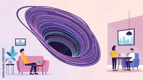 People interact amidst a surreal vortex and a modern home setting