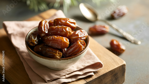 dates in a bowl on a wooden board with napkin