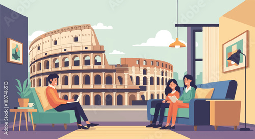 People relax indoors with a view of ancient Roman amphitheater