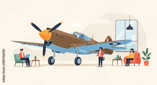 People interact with a vintage airplane in a room with large windows