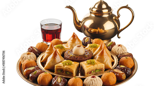 Traditional middle eastern sweets and tea on gold tray
