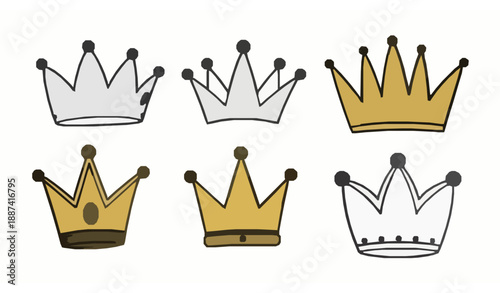 Hand-Drawn Doodle Gold Crown Vector Set for Icons and Illustrations