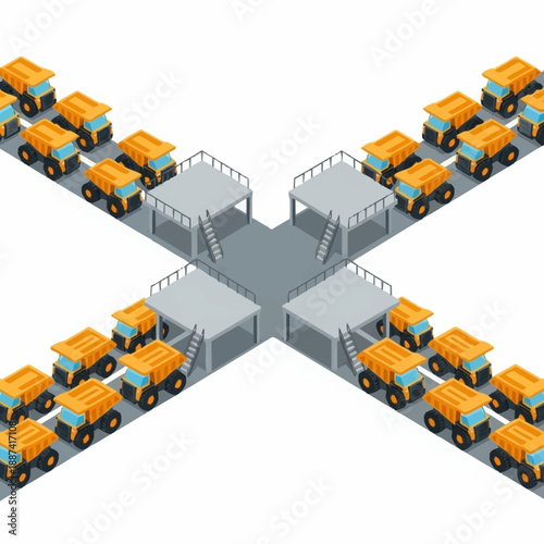 Isometric dump trucks lined up at industrial loading docks.