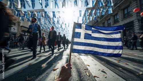 Greek flag leads procession through city streets adorned with flags