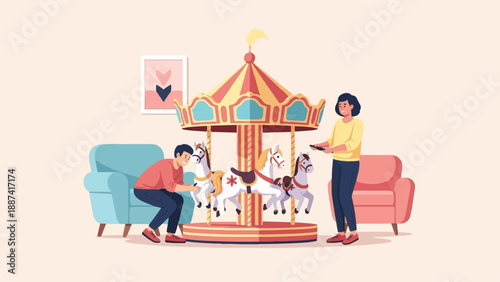 People interacting with a carousel toy in a room with chairs and art