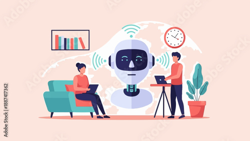 People interacting with a central robot head, surrounded by technology and home items