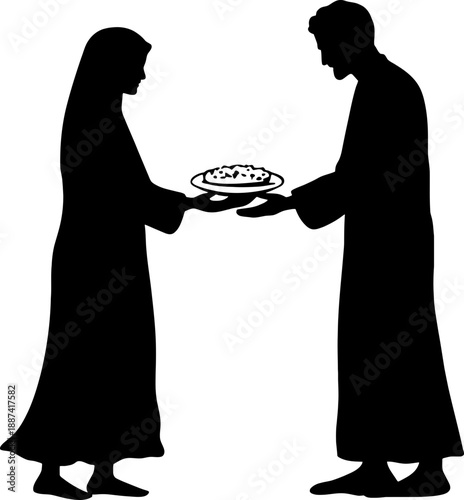 Silhouette of muslim person handing food to a needy person