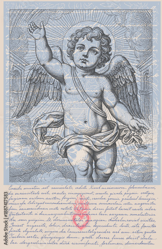 Detailed vintage engraving style cherub angel with spread wings and curly hair flying, classical mythological figure illustration in monochrome line art