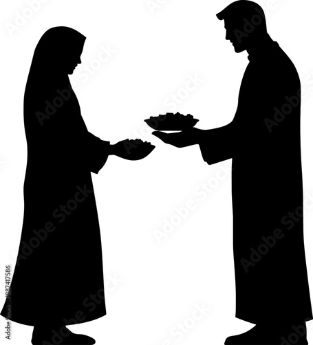 Silhouette of muslim person handing food to a needy person