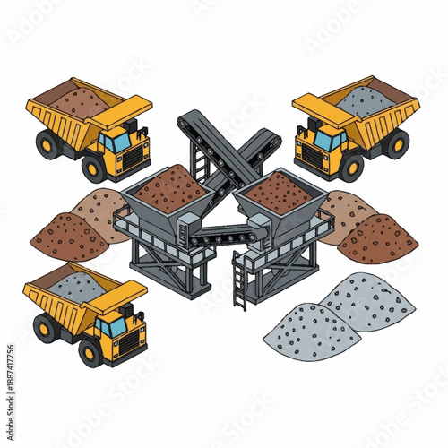 Mining Dump Trucks and Crusher Machine.