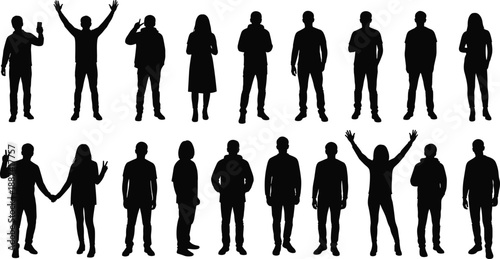 Collection of diverse people silhouettes showing standing poses, teamwork and community concepts, anonymous human figures isolated on white background for design use