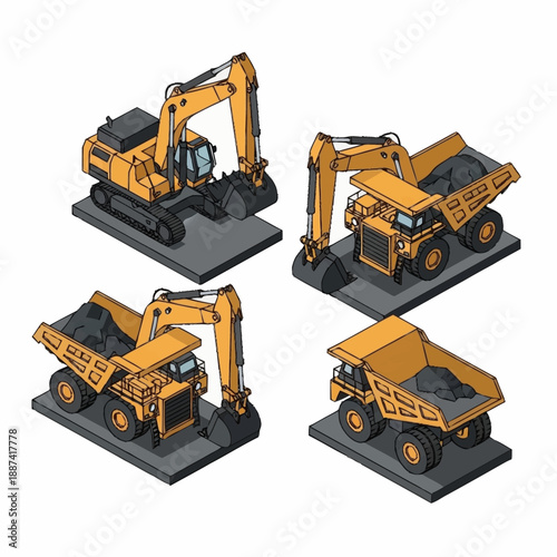 Set of Four Yellow Construction Vehicles Isometric View.