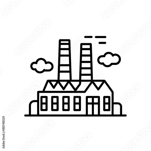 Industrial facility line art illustration with factory building and smokestacks emitting smoke from chimneys viewed from front