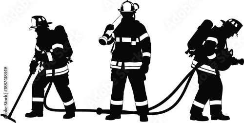 Firefighter silhouettes in protective gear holding hose and equipment, emergency response rescue team illustration isolated on white background for fire safety concepts