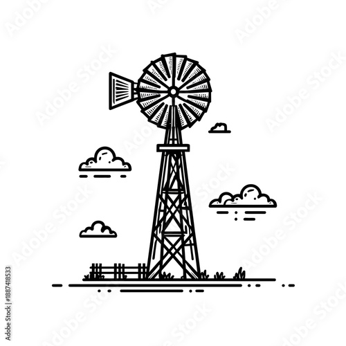 Windmill standing tall amidst clouds and fence in simple illustration