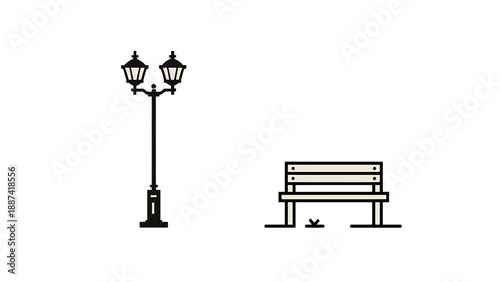 A serene illustration of a lamp post and bench in a peaceful outdoor setting