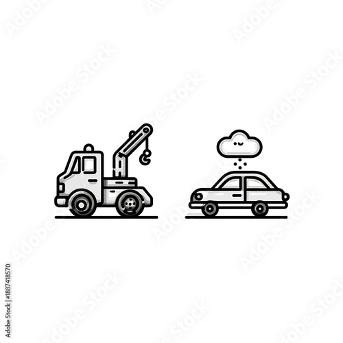 Tow truck towing a broken down car on a road with a thought bubble above it, simple line art illustration
