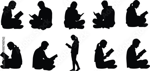 People reading book silhouettes set, men and women studying in seated and standing poses, education learning concept isolated on white background