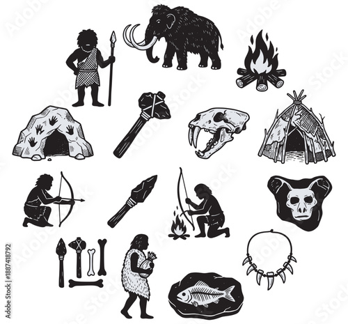 Collection of illustrations depicting prehistoric life, including cavemen, mammoths, tools, and shelters.