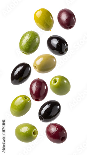 Assorted colorful olives on black Isolated on Transparent Background