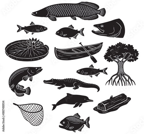 Collection of stylized black and white illustrations of aquatic life, a canoe, and a tree.