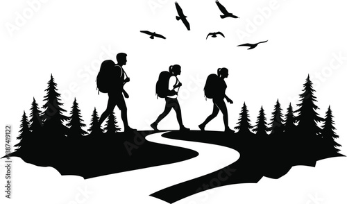 Outdoor adventure mountain skyline with hikers silhouette illustration.