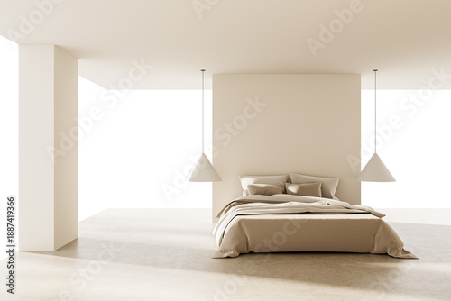 Valokuva Cozy modern bedroom with beige bedding and pillows, minimal pendant lights, in a sunlit empty room with white window background