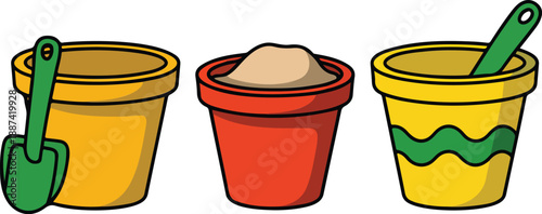 Kids Beach Sand Toys Vector Set Buckets, Shovel, and Summer Fun