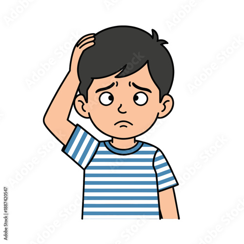 Confused young boy scratching head in vector icon.