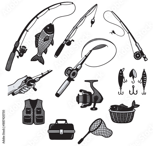 A collection of various fishing equipment and accessories, including rods, reels, lures, fish, a vest, tackle box, and net, depicted in a monochrome illustration.