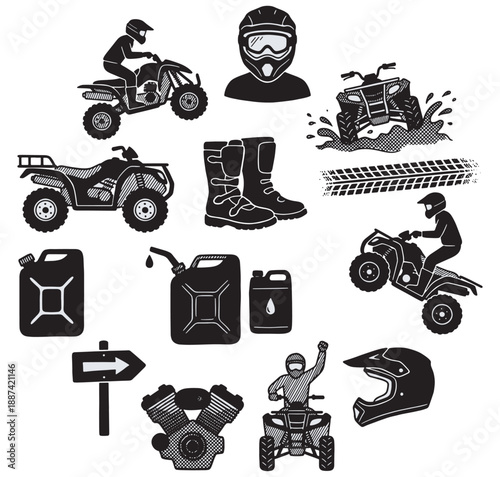 Collection of black and white vector icons depicting ATVs, riders, gear, fuel, and off-road elements for recreational activities.