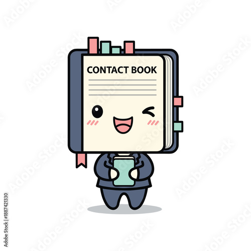 Cartoon contact book character holding mobile phone