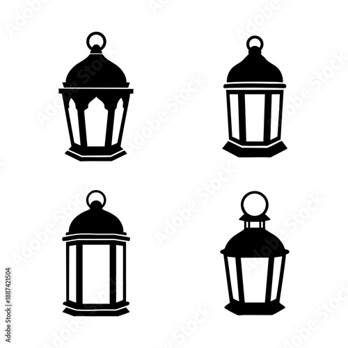Set of traditional black lantern silhouettes for Ramadan Kareem and Islamic celebrations isolated on white background.
