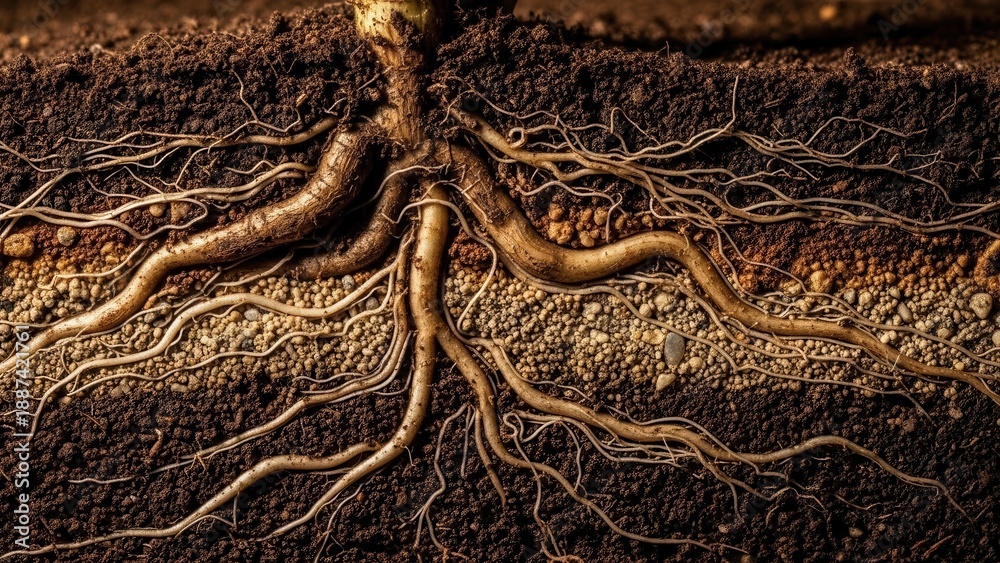 Obraz premium Intricate Root System Beneath The Earths Surface Visualizing Life Below Ground
