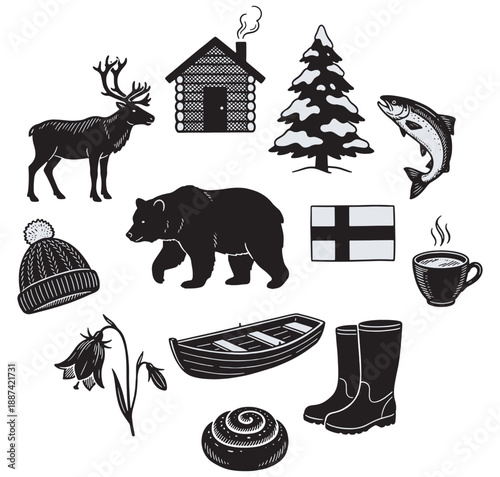 A collection of black and white illustrations depicting Finnish culture and nature, including a moose, bear, fish, log cabin, snowy tree, hat, flag, coffee, boat, boots, flower, and bun.