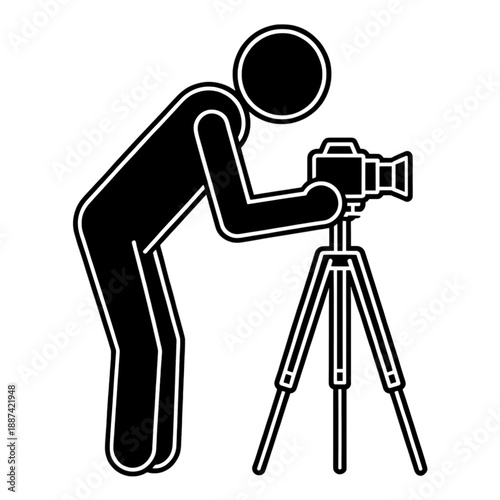 Line icon of person using a video camera on tripod.