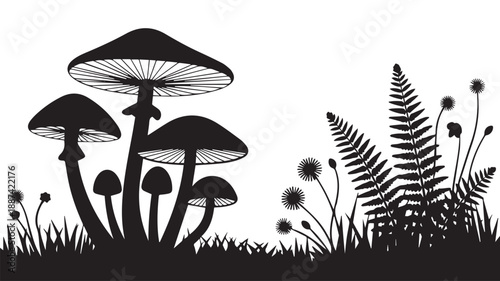 A monochrome silhouette illustration of a cluster of mushrooms growing among grass and ferns, evoking a forest floor scene